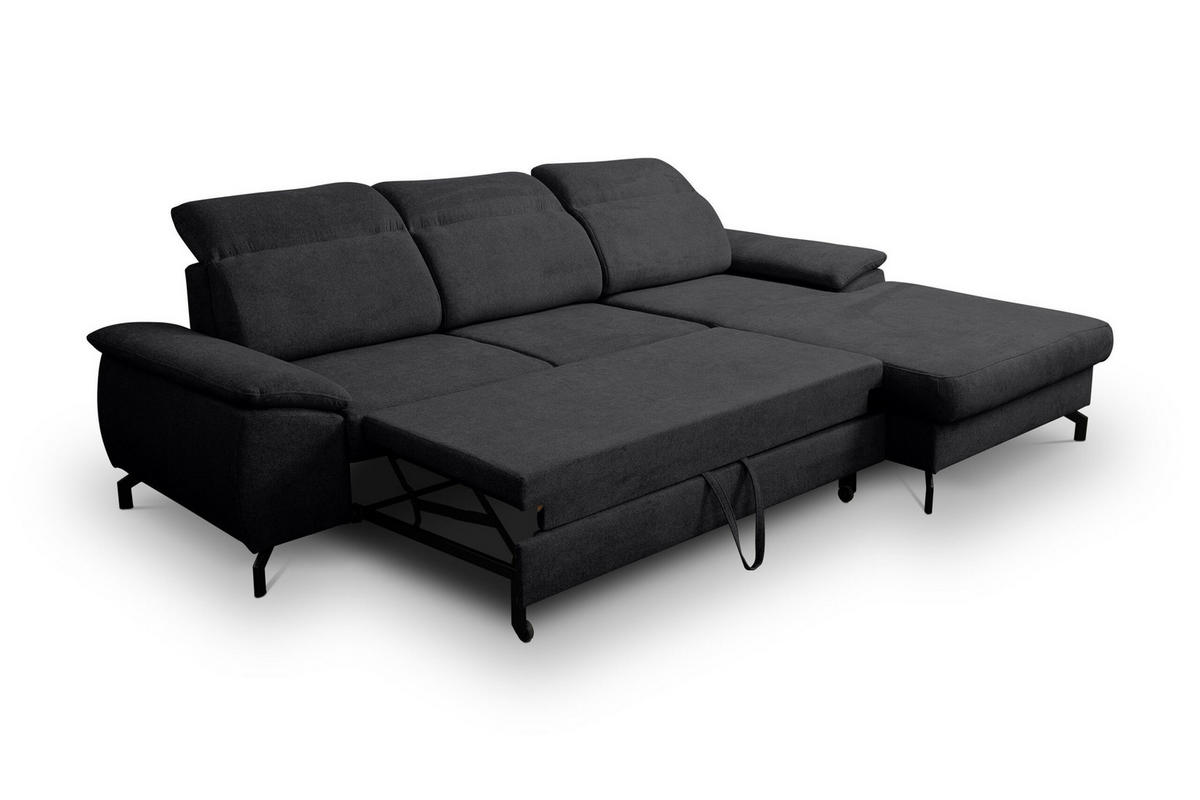 ECKSOFA MALIBU mit Schlaffunktion und Bettkasten, Farbe: Schwarz, Velourstoff, Ottomane Rechts - Schwarz, Textil (276/184cm) - VENASI MÖBEL