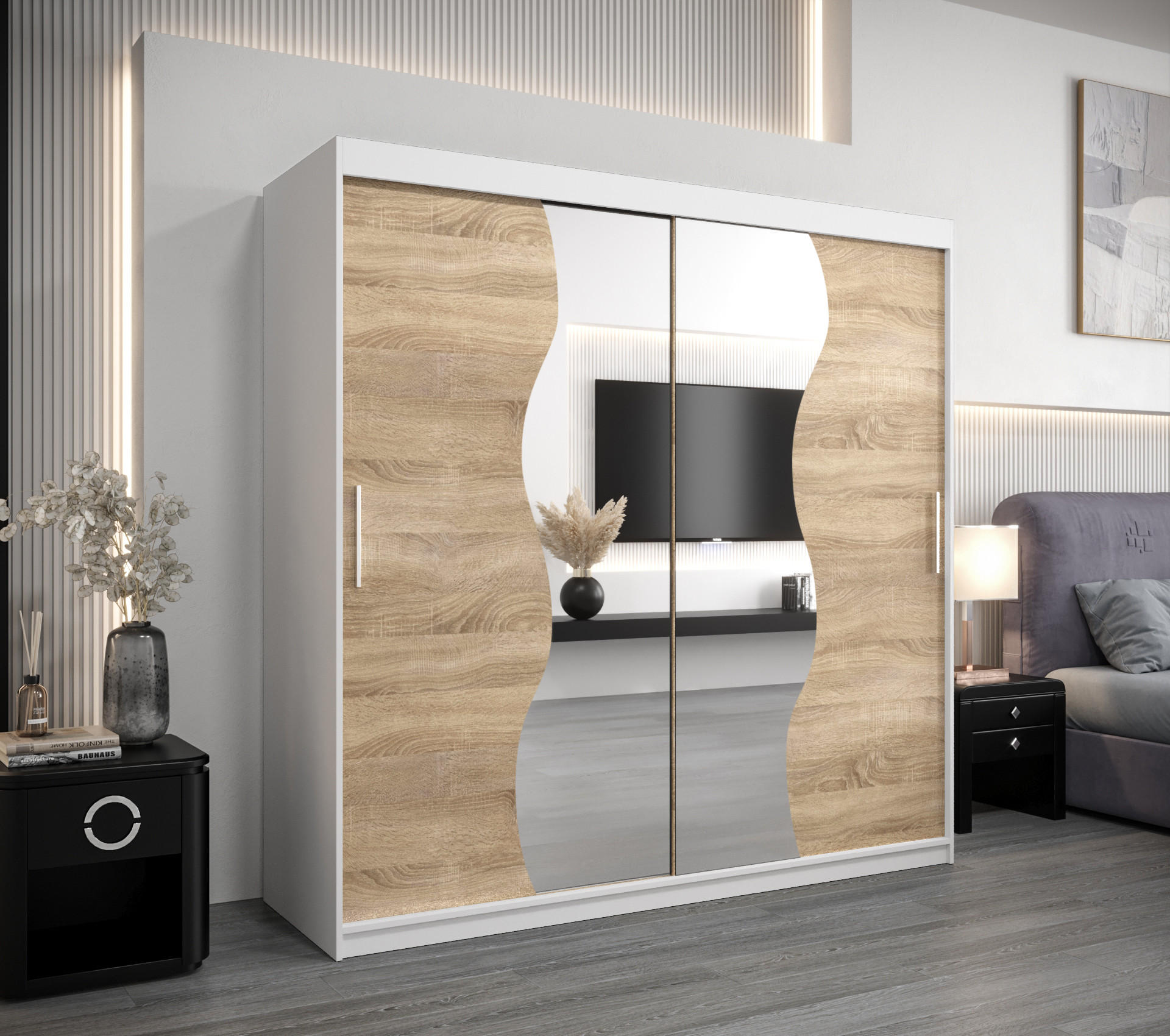 SCHWEBETÜRENSCHRANK 200/200/62 2-türig - Silberfarben/Weiß, Holz/Kunststoff (200/200/62cm) - MÖBEL KRYSPOL