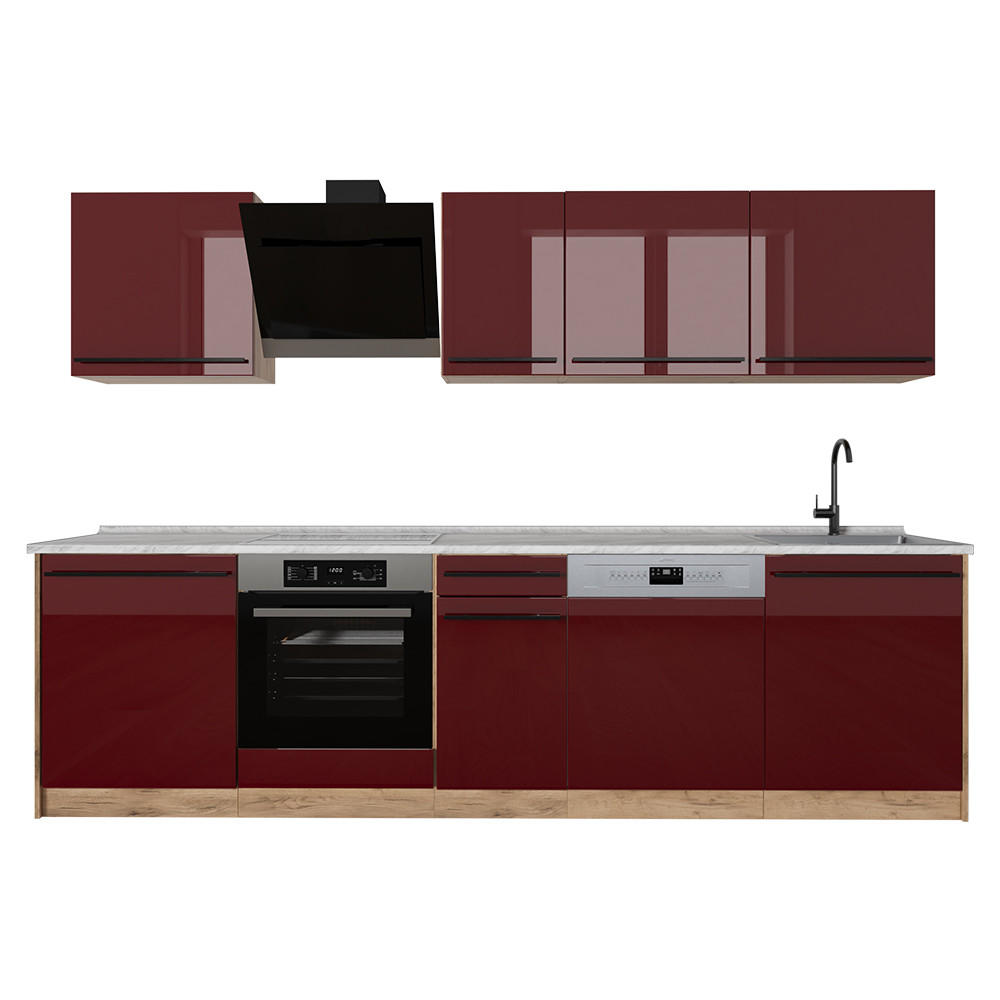 KÜCHENZEILE R-Line, Rot Hochglanz/Goldkraft Eiche, 280 cm Arbeitsplatte Marmor - Honigeiche/Rot, Holzwerkstoff (280/206.8/60cm) - Vicco