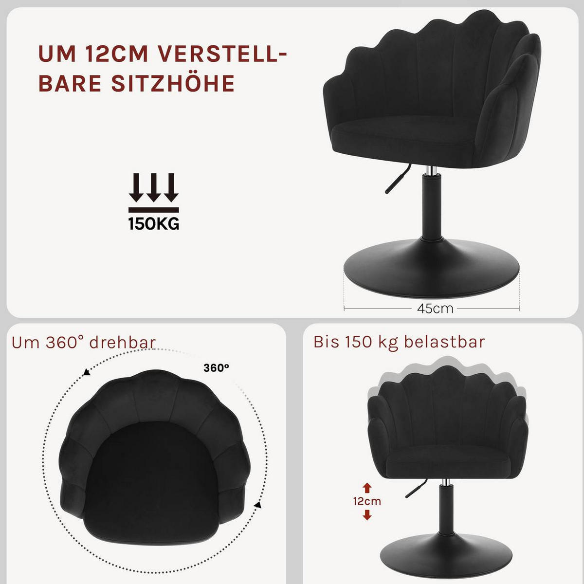 DREHSTUHL, Blumenform, Smt, Schminkstuhl, Schwarz - Schwarz, Textil/Metall (55/67/50cm) - Woltu