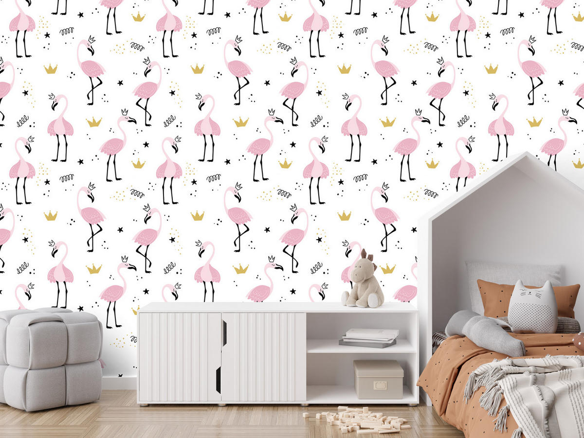VLIESTAPETE Flamingos und Sterne – Rosa, Schwarz, Weiß – 50x1000 cm - Schwarz/Rosa, Papier (50/1000cm) - Muralo