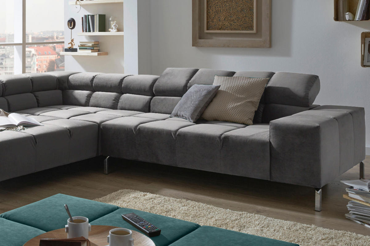 ECKSOFA NELSON Grau Velvet - Silberfarben/Grau, Textil (321/216cm) - KAWOLA