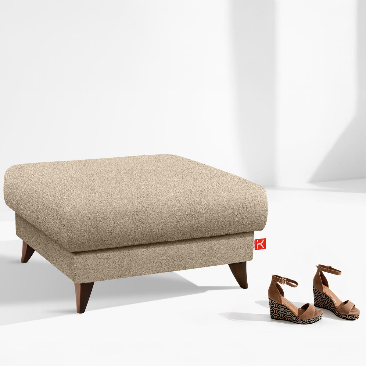 HOCKER GUSTAVO Bouclé, Beige - Beige, Holz/Holzwerkstoff (92/49/92cm) - KONSIMO®