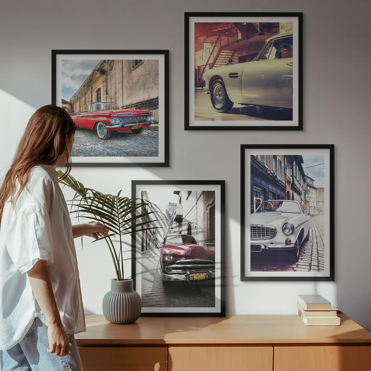 WANDBILDER 4er-Set - 50x50 cm & 40x60 cm Schwarzer Rahmen - Oldtimer in Städten - Schwarz, Kunststoff (50/50cm) - ArtPrintCave