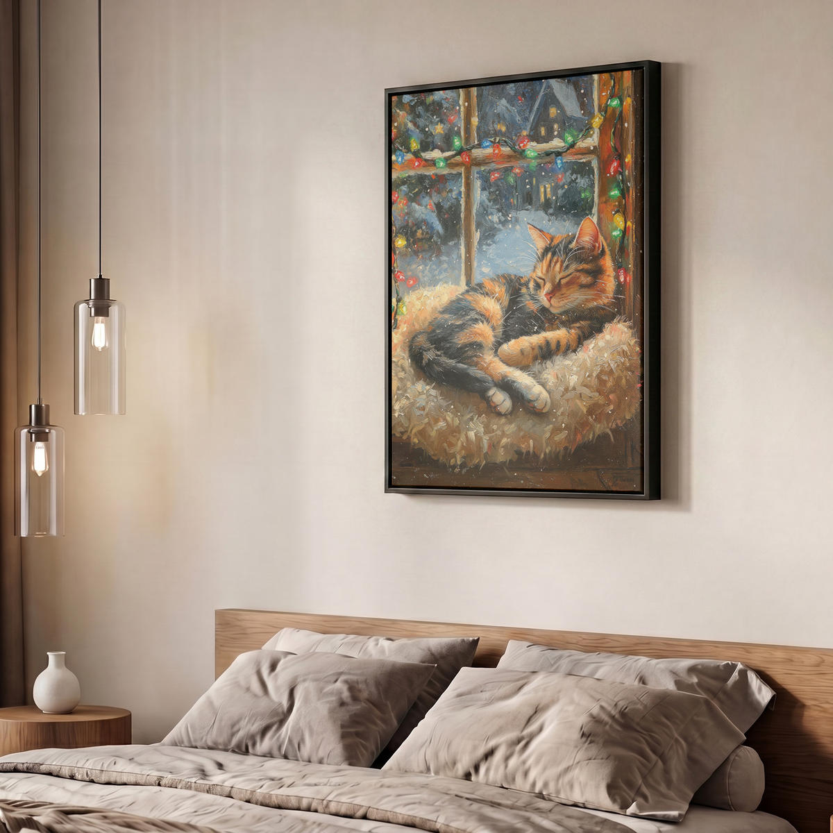 LEINWAND Bilder mit Rahmen - Katze - Weihnachten - Winter - Tier - 60x80 - Bernsteinfarben, Textil (60/80cm) - MuchoWow