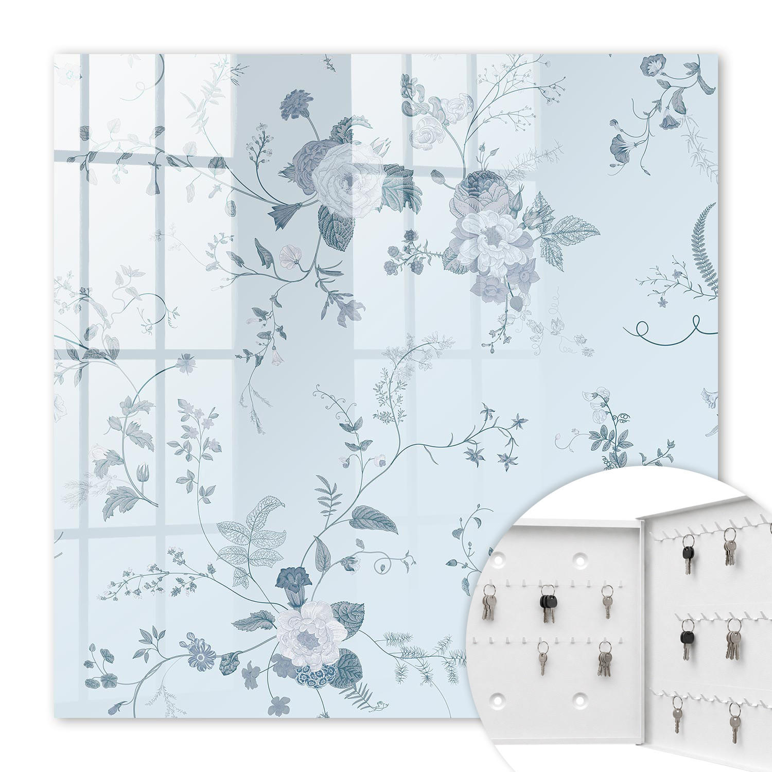 SCHLÜSSELBOX Weiß 30x30 cm – Türöffnung nach rechts - Botanische Blumen - Blau, Metall (30/30/5cm) - TULUP