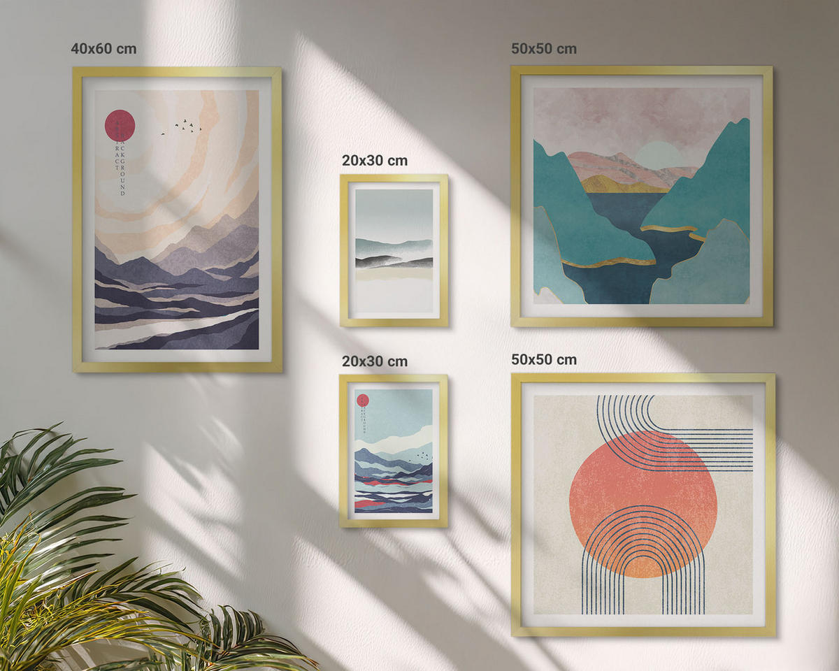 WANDBILDER 5er Set - 50x50 cm & 20x30 cm & 40x60 cm Goldrahmen - Farbenfrohe Muster der Japandi-Flussberge - Goldfarben, Kunststoff (40/60cm) - ArtPrintCave