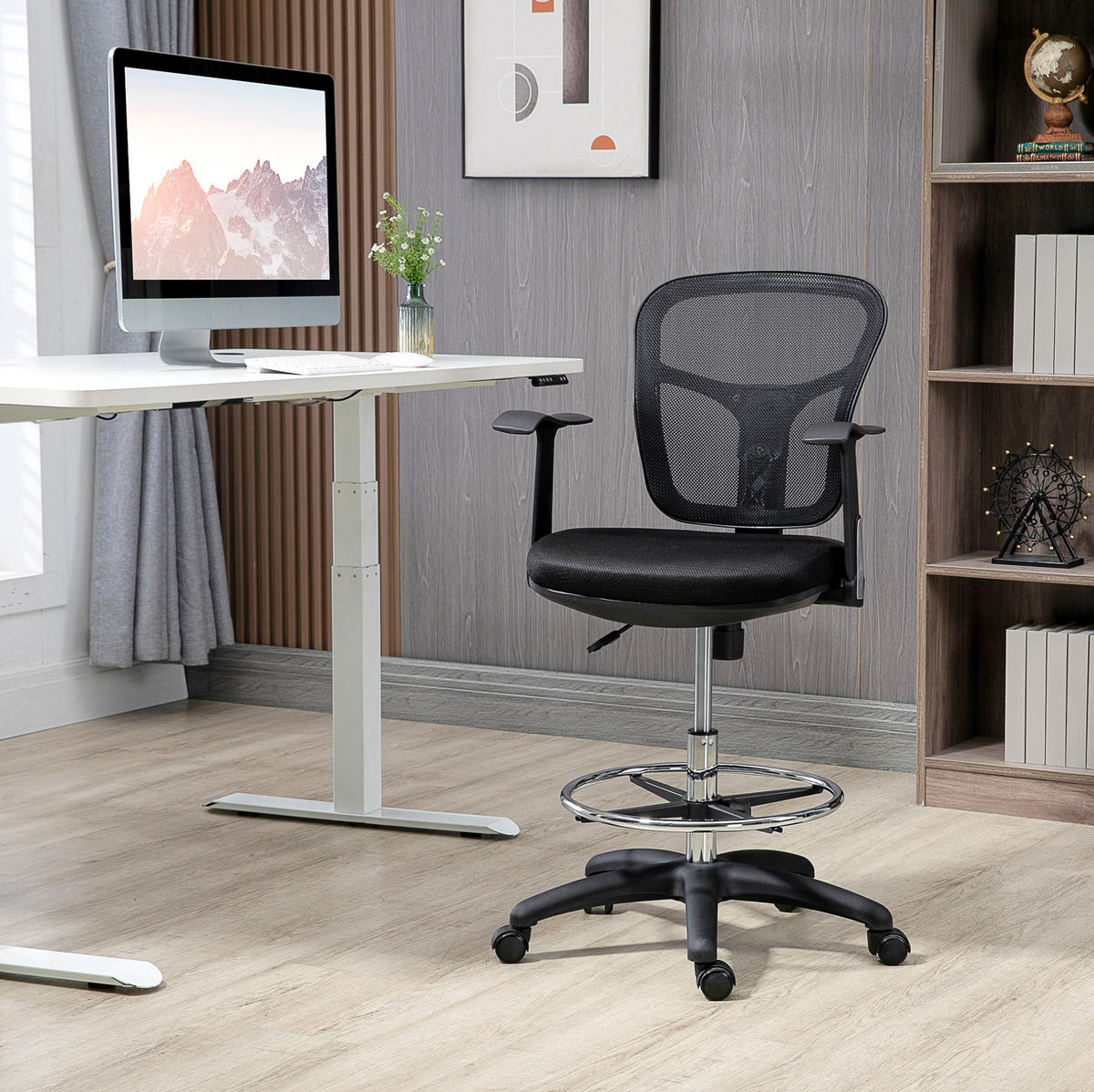 DREHSTUHL 59/95-115/59 cm Schwarz aus Polyester mit höhenverstellbarer Fußstütze - Schwarz, Kunststoff (59/115/59cm) - OKMYHOME