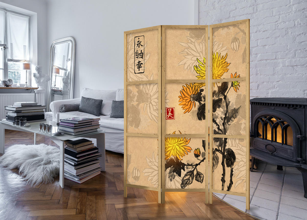 PARAVENT Japanischer 3-tlg 135x172 cm Aquarell Chrysanthemen - Braun, Holz/Textil (135/172/3cm) - Muralo