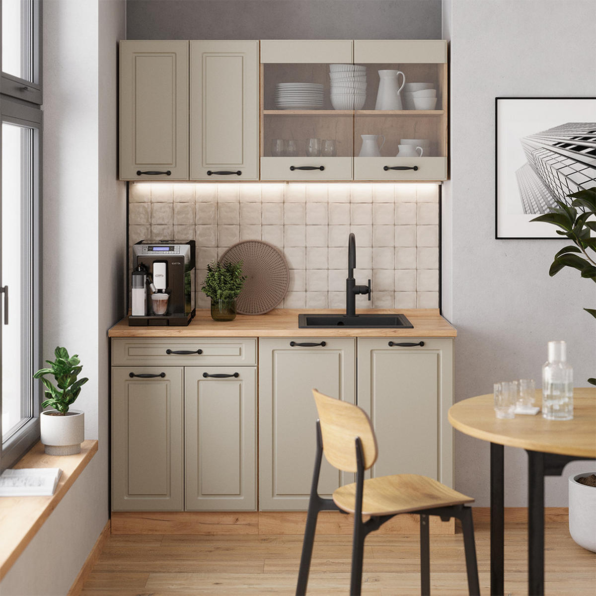 SINGLEKÜCHE R-Line, Sand Landhaus/Goldkraft Eiche, 140 cm Arbeitsplatte Goldkraft Eiche - Honigeiche/Beige, Holzwerkstoff (140/81.6/60cm) - Vicco