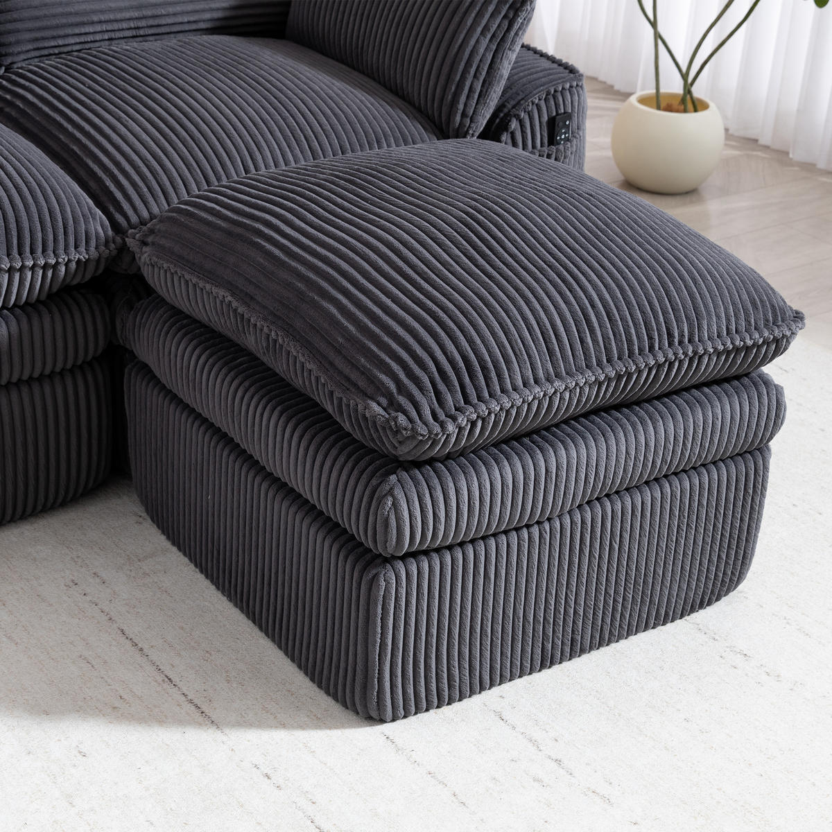 3-SITZER ECKSOFA Cord Dunkelgrau mit Kissen, Hocker und Seitentaschen - Dunkelgrau, Textil (263/167cm) - WISHDOR