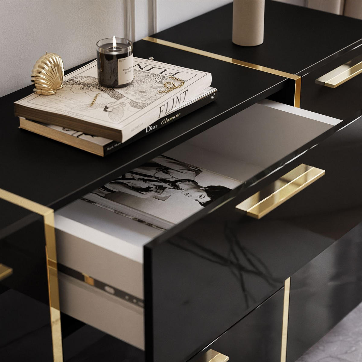 KOMMODE MIT SCHUBLADEN ONYX HOCHGLANZ 158 CM - Schwarz, Holzwerkstoff (158/81/41.3cm) - Lookway