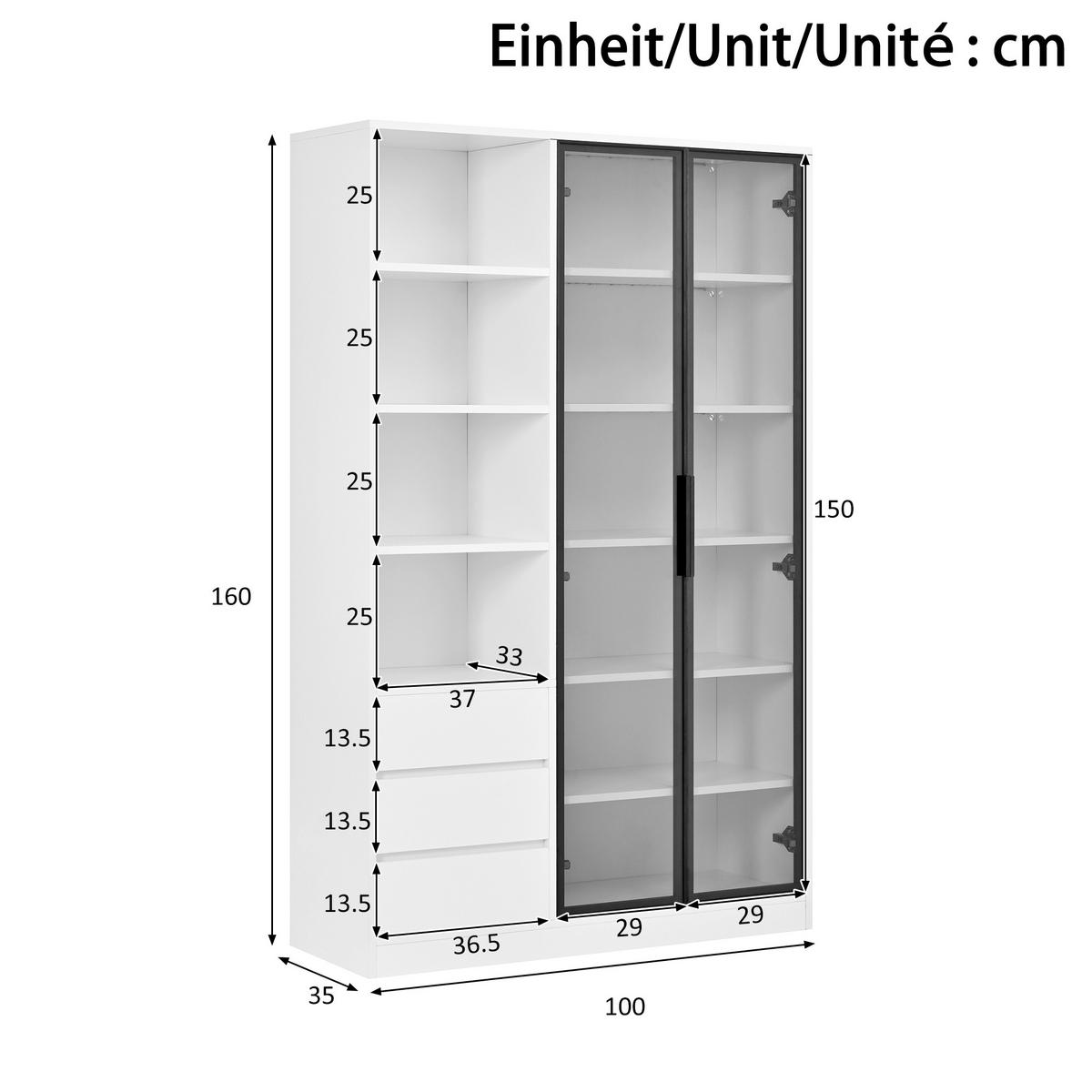 HOCHSCHRANK Weiß mit LED, 3 Schubladen und Glastüren - Weiß, Holzwerkstoff (100/160/35cm) - FLIEKS