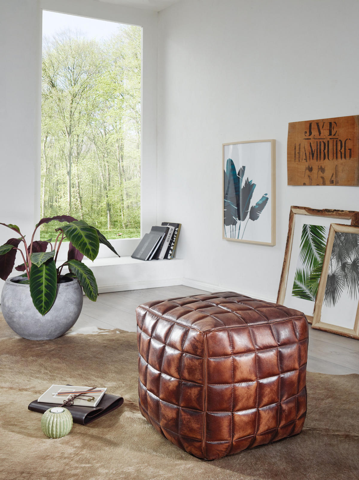 SITZHOCKER – Echtleder, 41x39x39 cm, abgesteppte Quadrate, Used-Look - Braun, Leder (39/41/39cm) - KADIMA DESIGN