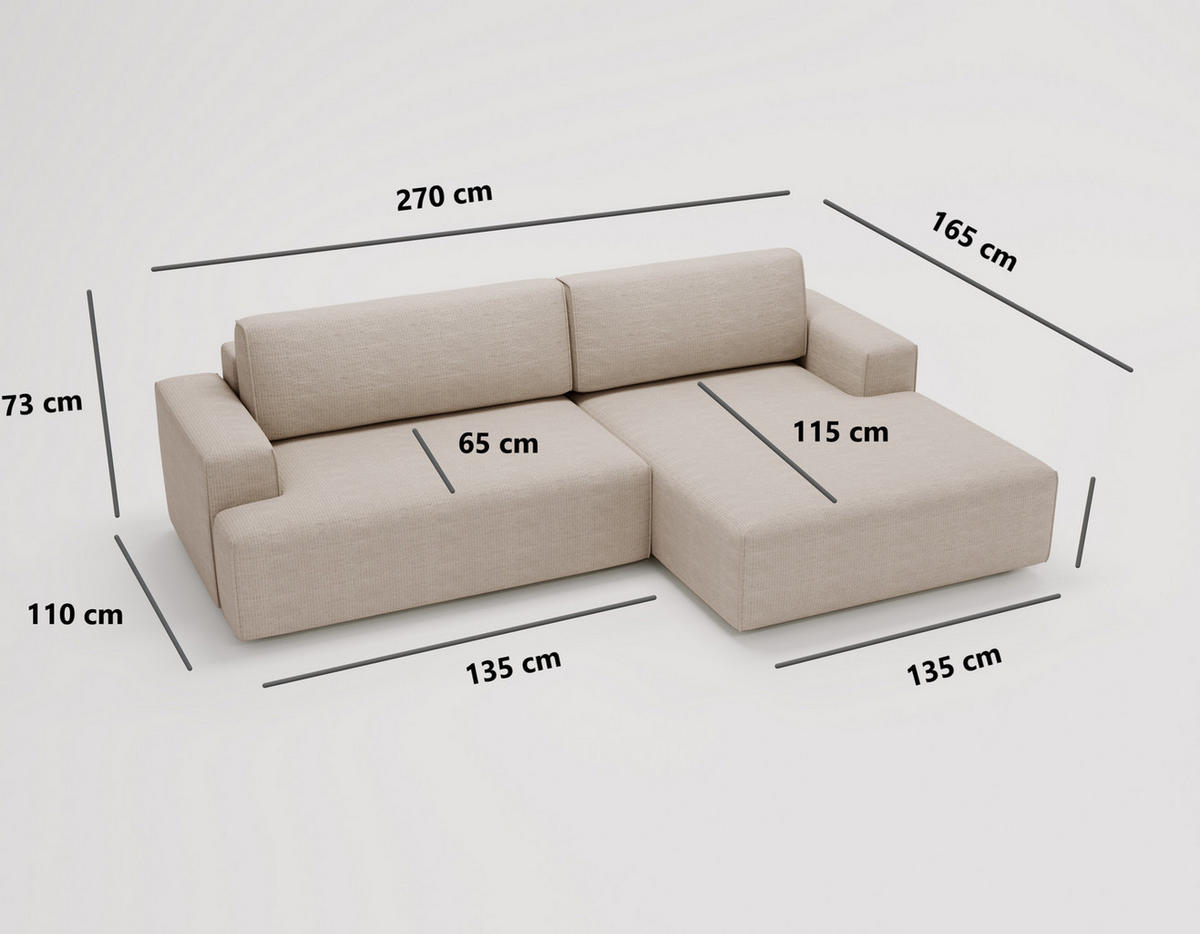 ECKSOFA L-Form 270 cm Boston mit Bettkasten, Schlaffunktion, Rechts, Grau - Grau, Holz (270/165cm) - Emporius