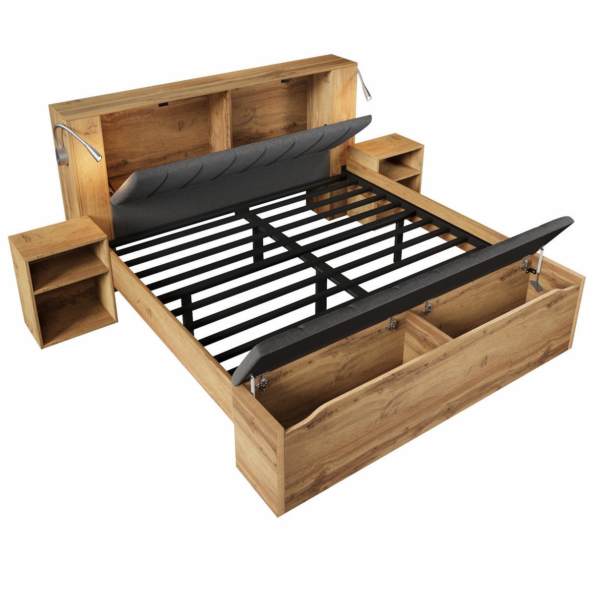 POLSTERBETT 160x200 cm in Eiche mit USB & Leselampen - Eichefarben, Holzwerkstoff (160/200cm) - Modfu