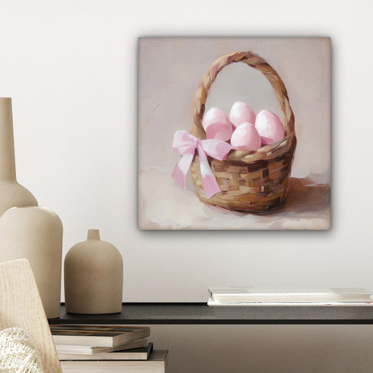 LEINWANDBILD Korb - Eier - Rosa Deko Wohnzimmer 20x20 cm - Beige, Textil (20/20cm) - MuchoWow