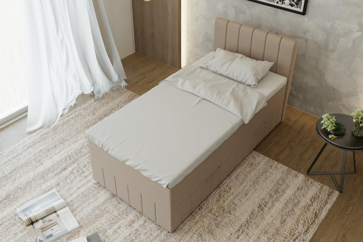 BOXBETT AVALON 100 x 200 cm mit Bettkasten und Topper - Beige - Beige, Holz - Panda Möbel