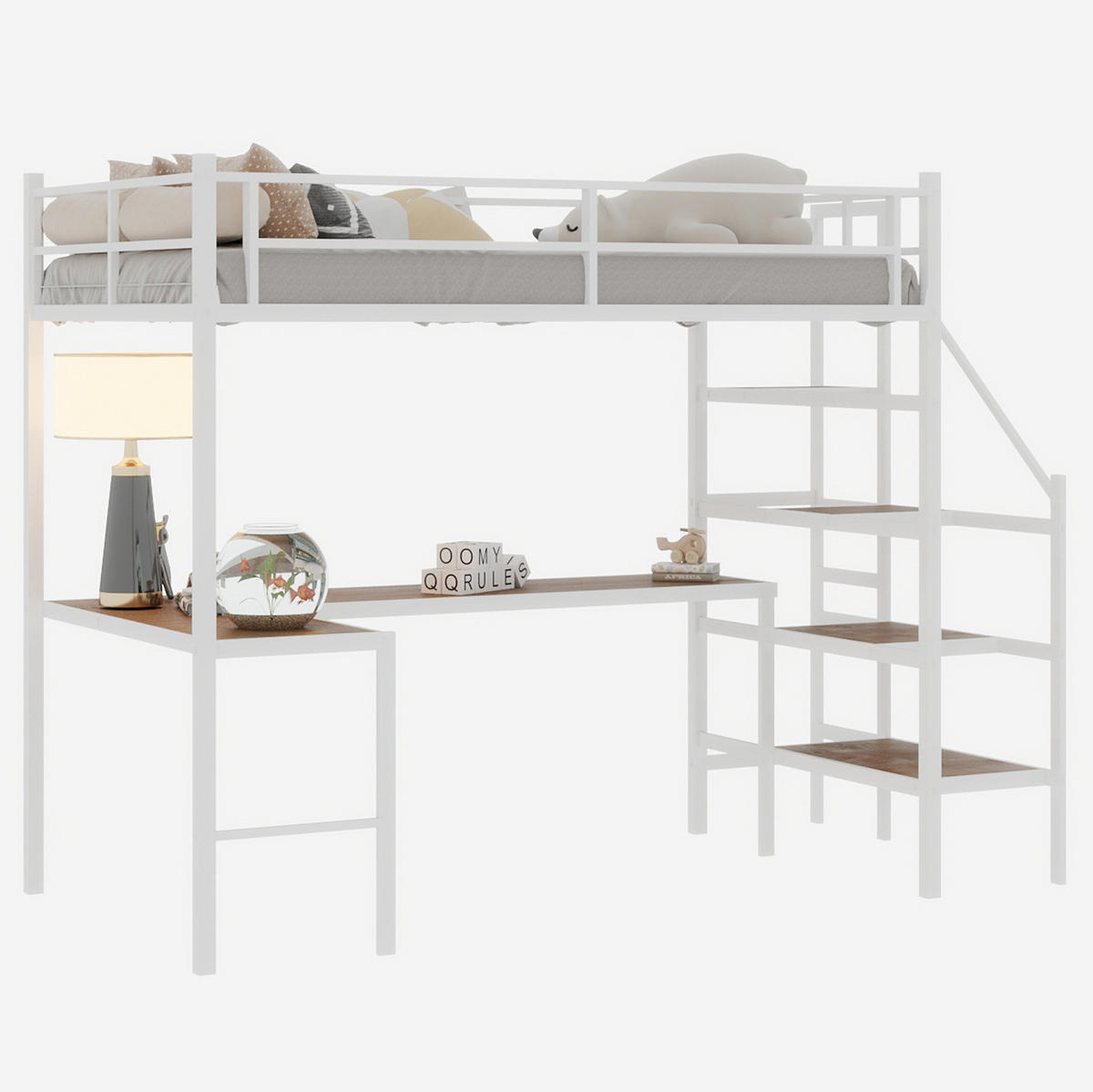 VYSOKÁ posteľ 90/190 cm biela zo železa s L stolom, úložnými schodmi a celistvým zábradlím - biela, kov (90/200cm) - OKWISH