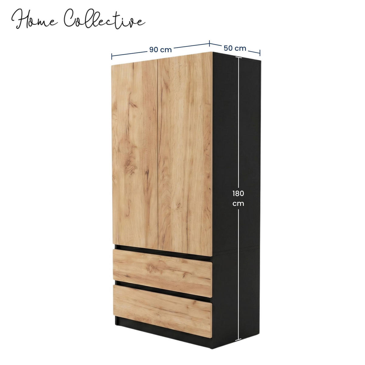KLEIDERSCHRANK mit 2 Türen und Schubladen in Schwarze Craft-Eiche - Schwarz/Naturfarben, Holzwerkstoff (90/180/50cm) - Home Collective