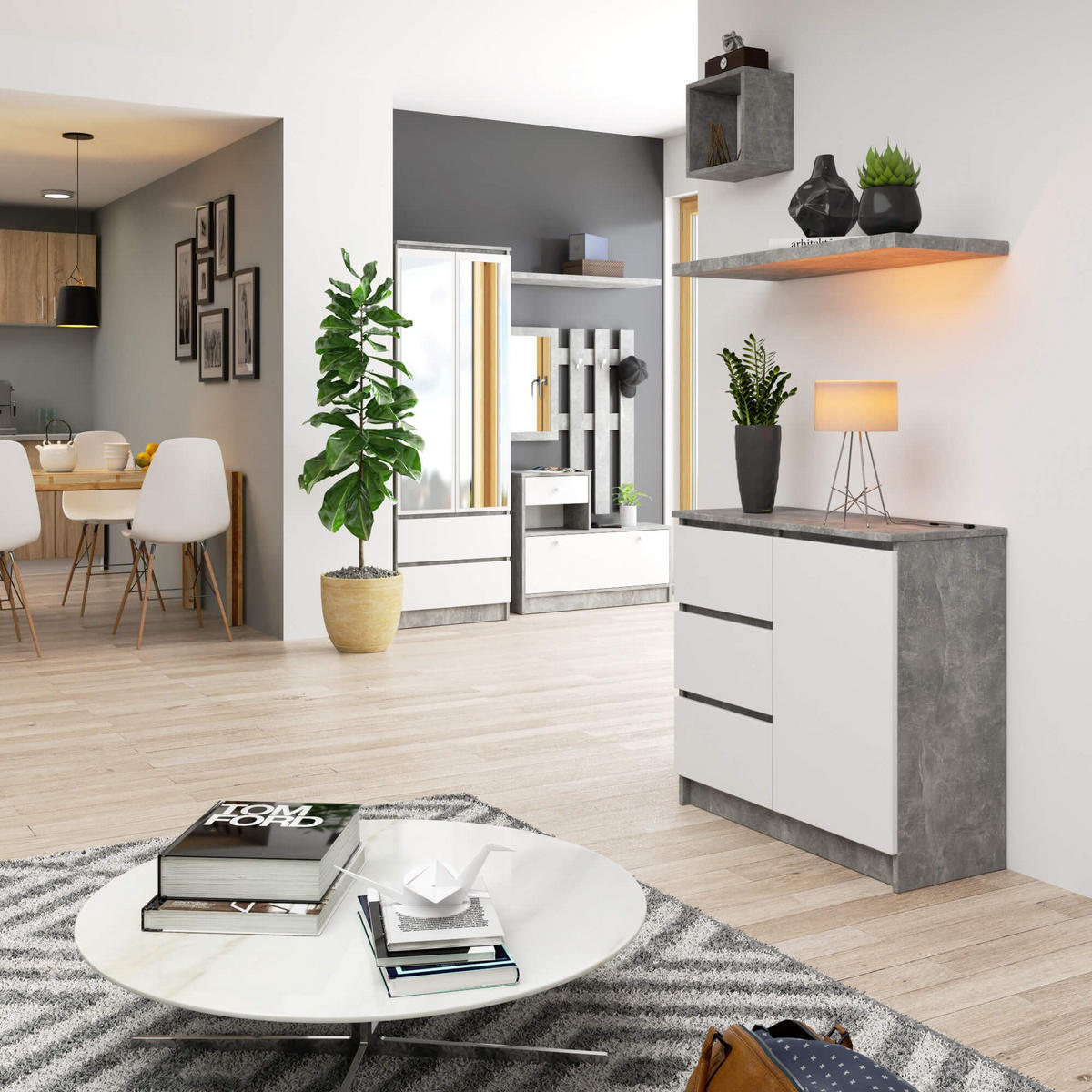 KOMMODE Jerry, Beton-Weiß, 35x80x77 cm - Graphitfarben/Weiß, Holz (80/77/35cm) - Milordbikes