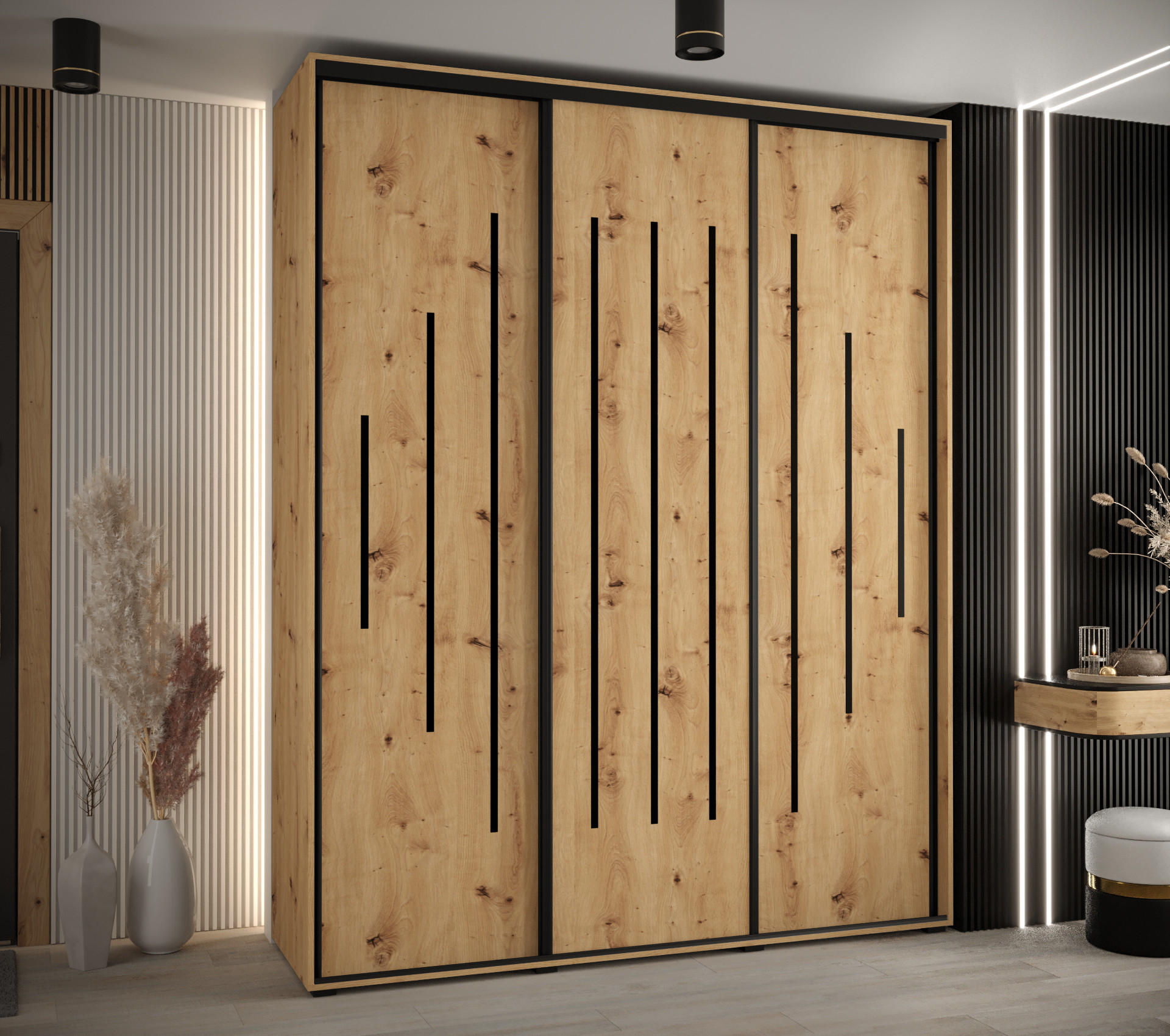 SCHWEBETÜRENSCHRANK 235,2/200/60 3-türig - Schwarz/Eiche Artisan, Holz/Metall (200/235/60cm) - Abiks Möbel
