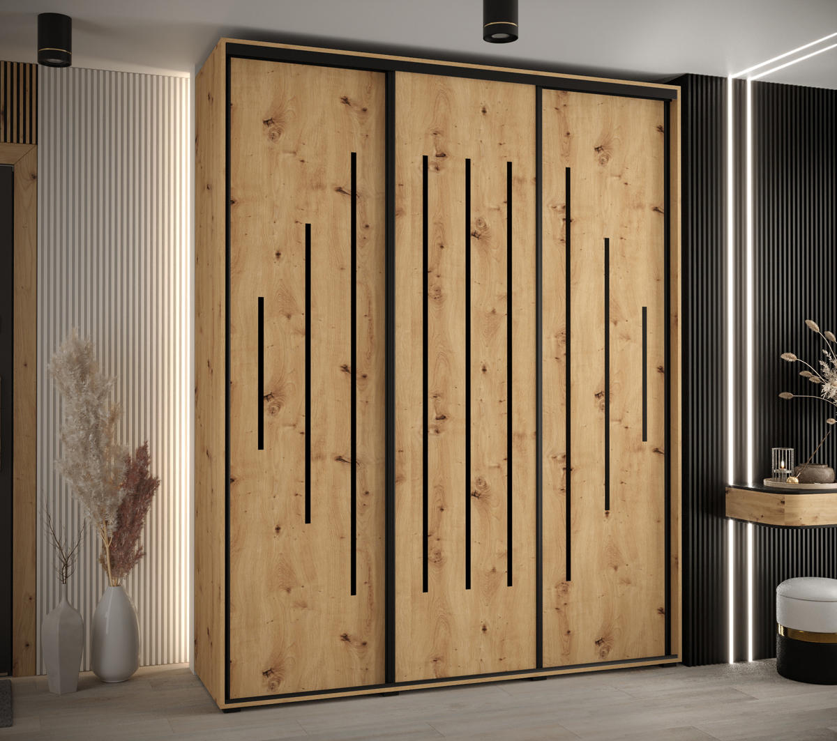 SCHWEBETÜRENSCHRANK 235,2/200/60 3-türig - Schwarz/Eiche Artisan, Holz/Metall (200/235/60cm) - Abiks Möbel
