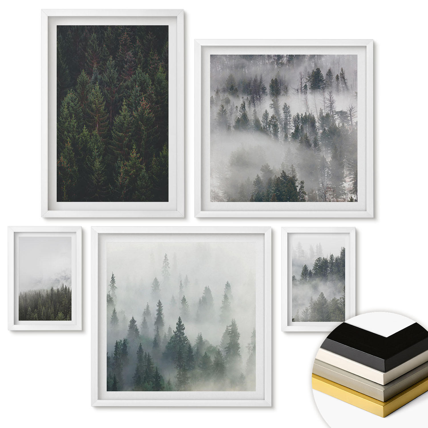 WANDBILDER 5er-Set - 50x50 cm & 20x30 cm & 40x60 cm Weißer Rahmen - Grüne Wälder, neblige Landschaft - Weiß, Kunststoff (40/60cm) - ArtPrintCave
