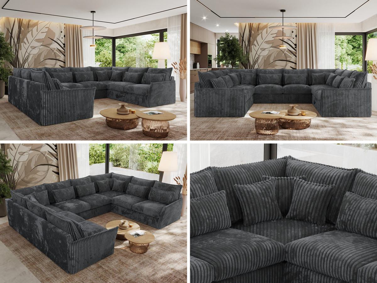 WOHNLANDSCHAFT VERSO U 8M Dunkelgrau Cord - Dunkelgrau/Schwarz, Kunststoff/Textil (362/93/270cm) - MKS