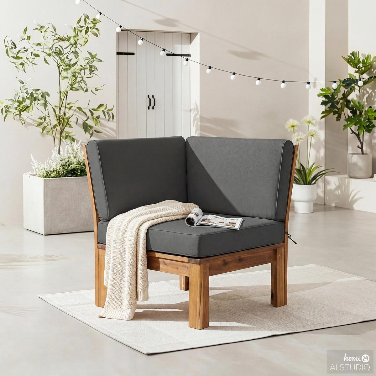 LOUNGEECKE - Webstoff / Akazie massiv - Anthrazit, Holz/Textil (71/73/71cm) - home24