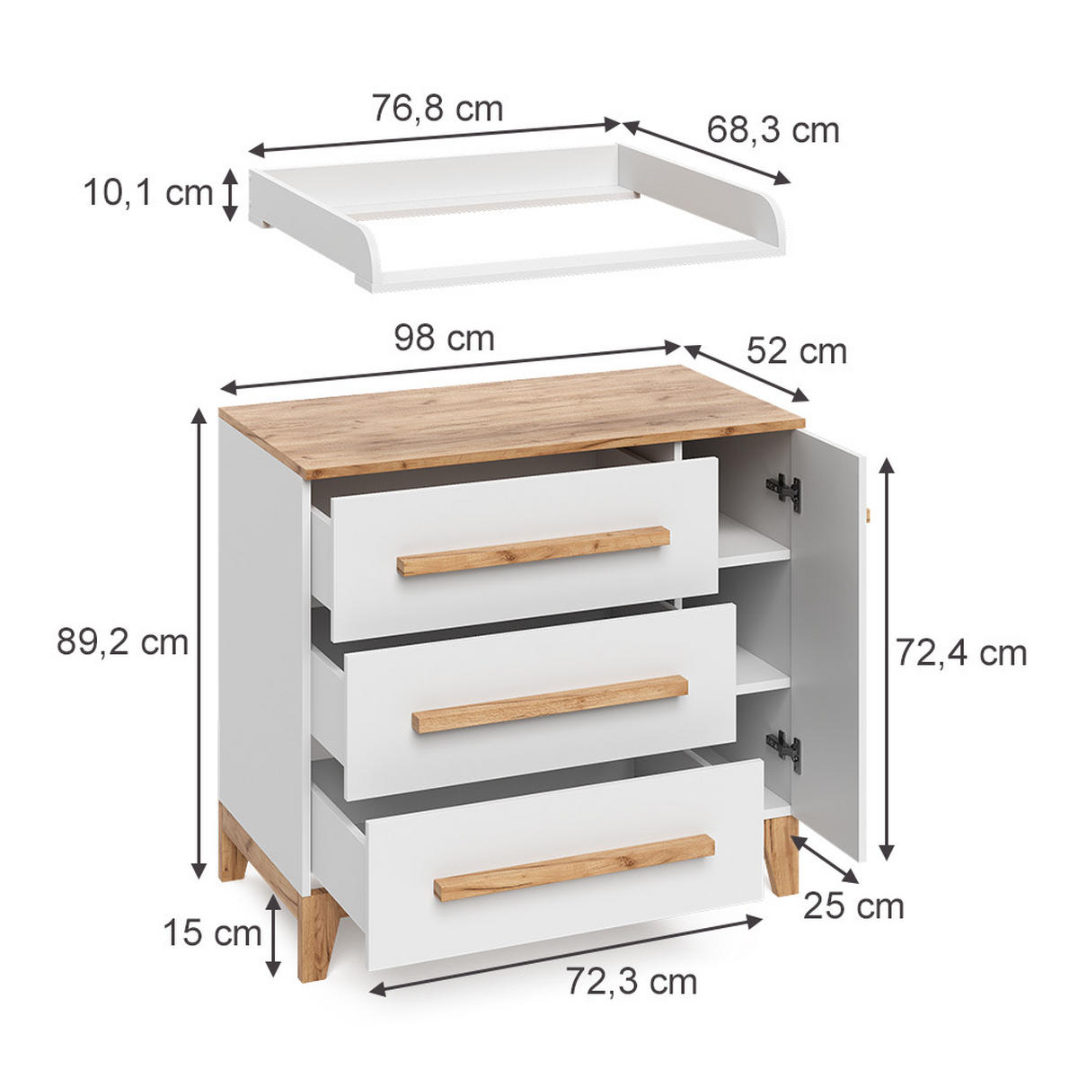 KOMODOVÝ PŘEBALOVACÍ STŮL Malia Bílá 98 x 98 cm s 1 dveřmi a 3 zásuvkami - bílá/světle šedá, kompozitní dřevo (98/98/52cm) - VitaliSpa