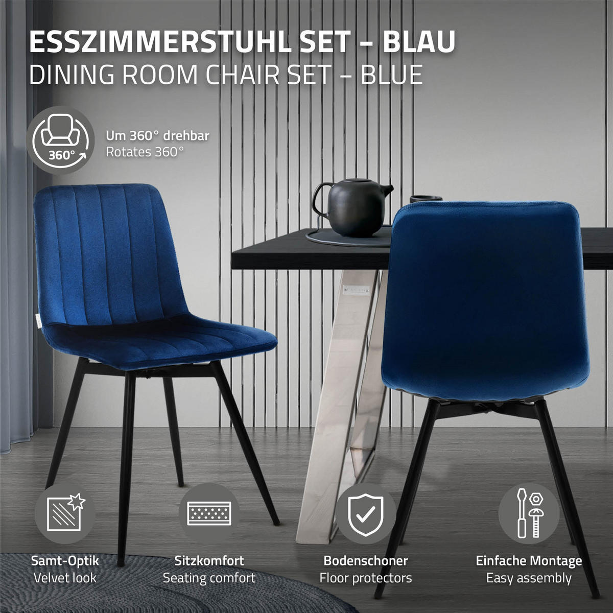 ESSZIMMERSTÜHLE 2er Set drehbar Küchenstühle gepolstert aus Samt Dunkelblau - Schwarz/Dunkelblau, Textil/Metall (43/81/52cm) - ML-DESIGN