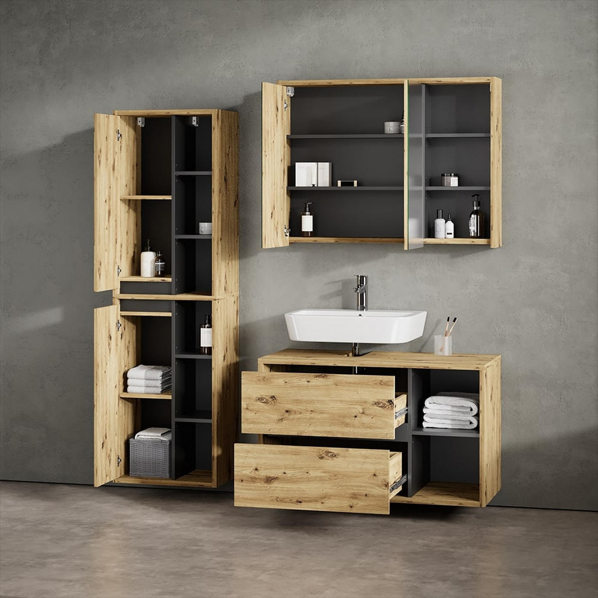 BADSPIEGELSCHRANK Vomano Eiche/Anthrazit 100 x 75 cm - Eichefarben/Anthrazit, Holzwerkstoff (100/75/18cm) - Livinity®