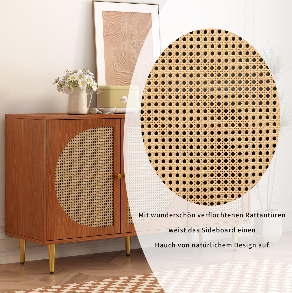 SIDEBOARD 129,8/40/76 cm mit 3 Türen in Walnussfarben & Rattan-Optik - Walnussfarben, Holzwerkstoff (129.8/76/40cm) - BEAOK