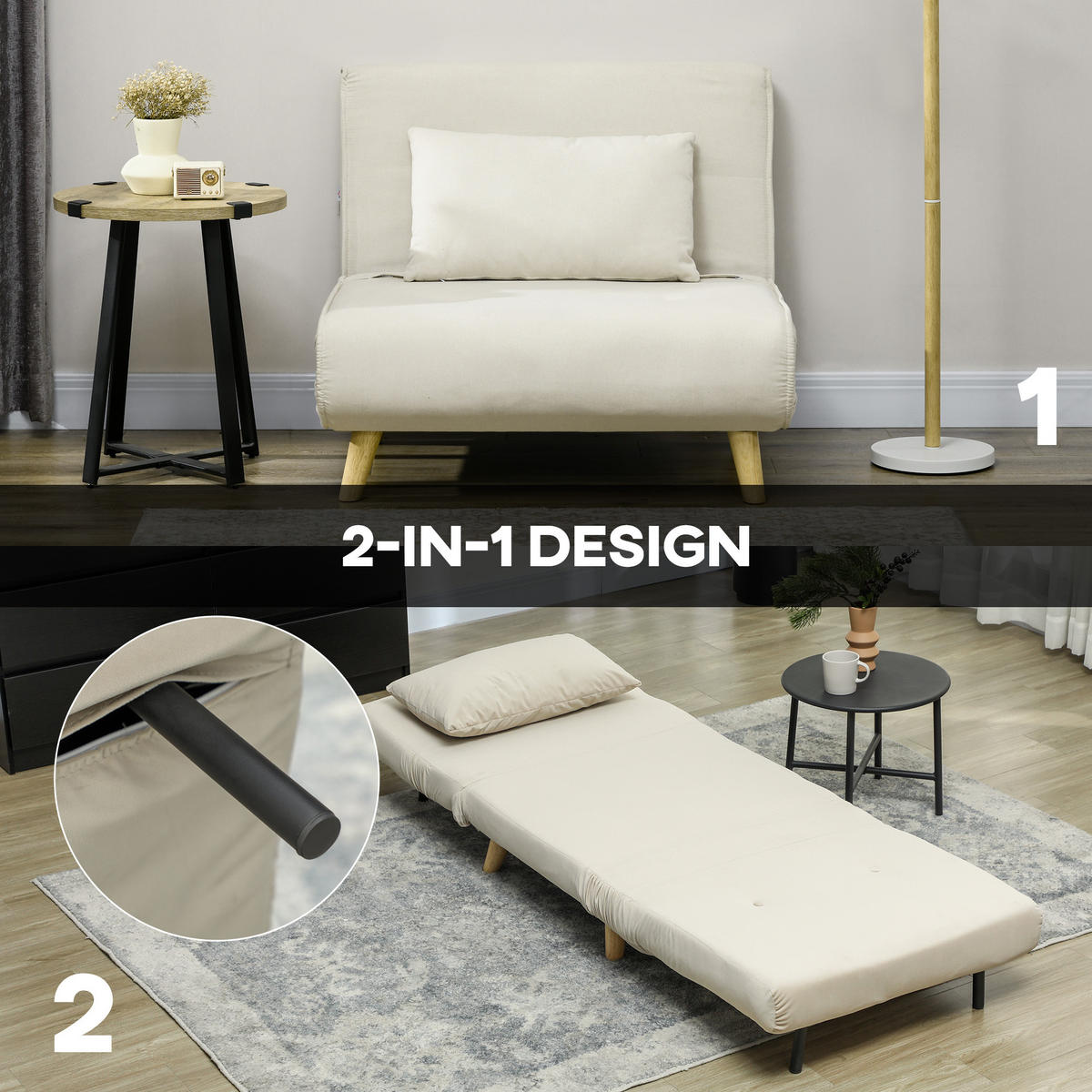 SCHLAFSESSEL, Klappsessel mit Bettfunktion, bis 120 kg belastbar, Beige - Beige/Naturfarben, Holz/Textil (78/79/72cm) - HOMCOM