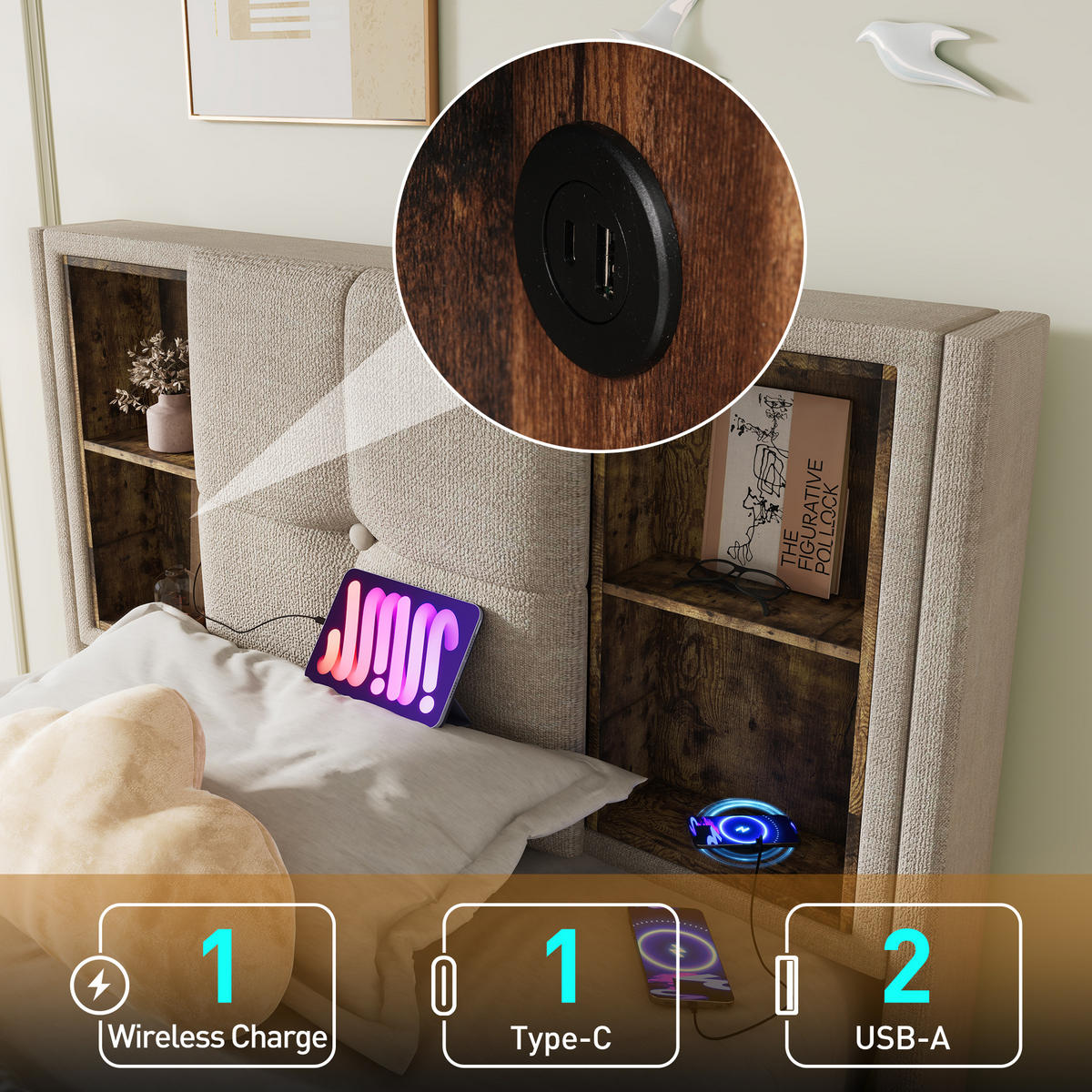 POLSTERBETT 90/200 cm Natürlich mit Kabellosem Laden und USB-Anschlüssen - Naturfarben, Textil (90/200cm) - OKWISH