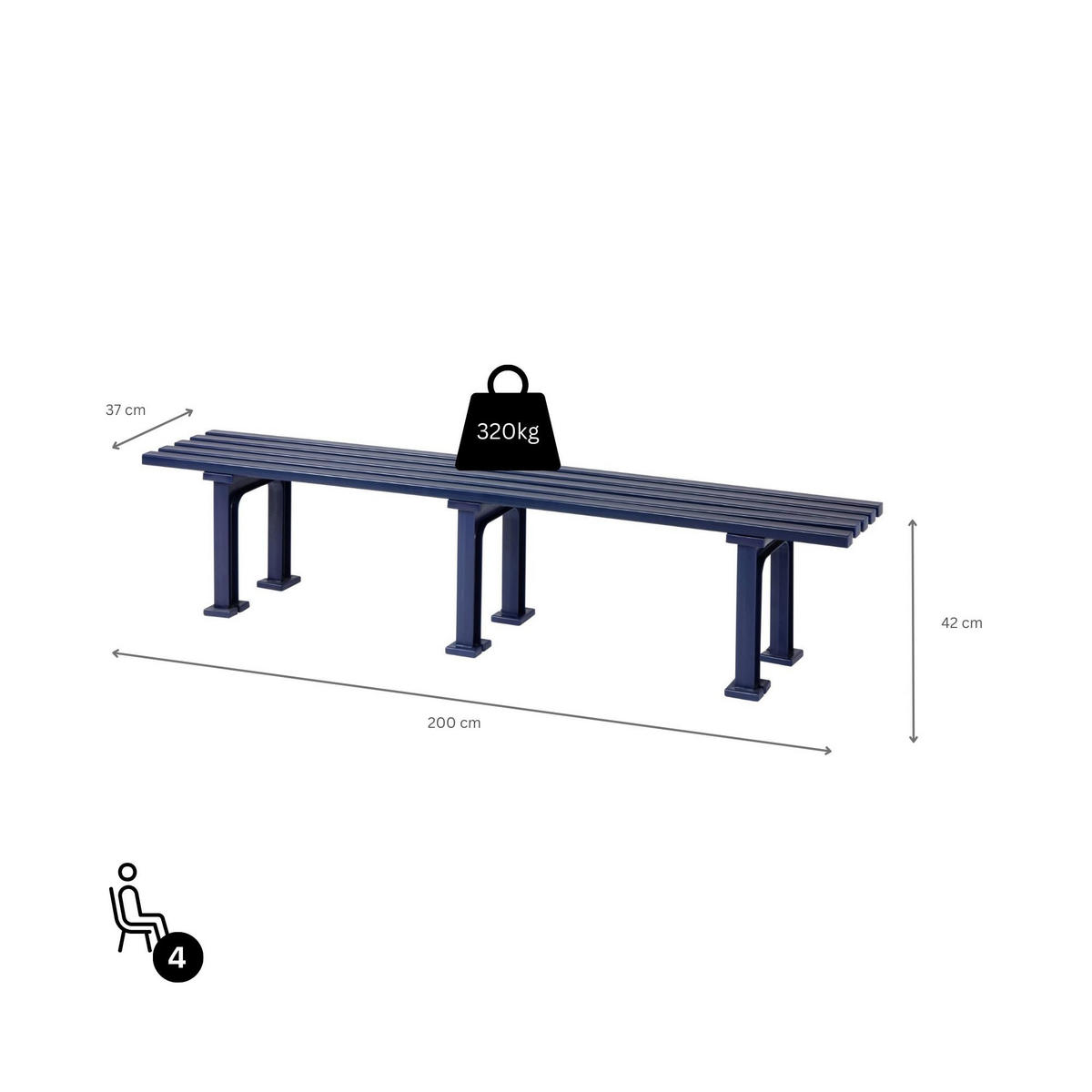 GARTENBANK Kuba 4 Sitzer Blau 42 x 200 x 37 cm Witterungskunststoff & UV Beständiger Kunststoff - Blau, Kunststoff (200/42/37cm) - PROREGAL