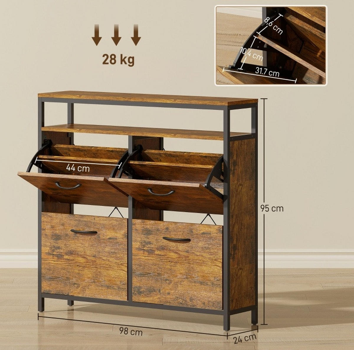 SCHUHSCHRANK mit 4 Klappschubladen 98 x 24 x 95 cm Holzoptik Braun - Braun, Holz (24/95/98cm) - Beauniv