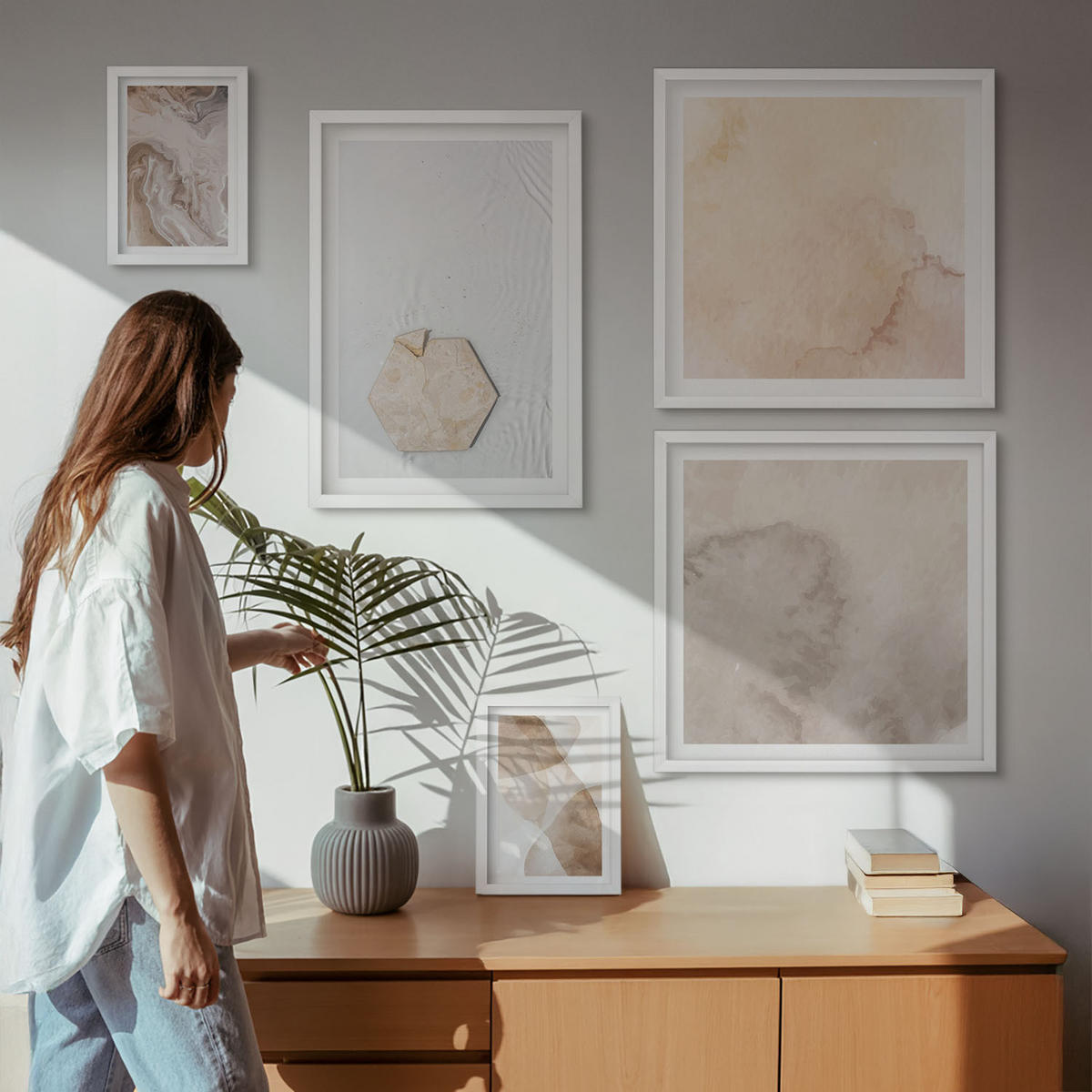 BILDER SET 5er Set - 50x50 cm & 20x30 cm & 40x60 cm Weißer Rahmen - Designabstraktion, Naturinspiration - Weiß, Kunststoff (40/60cm) - TULUP