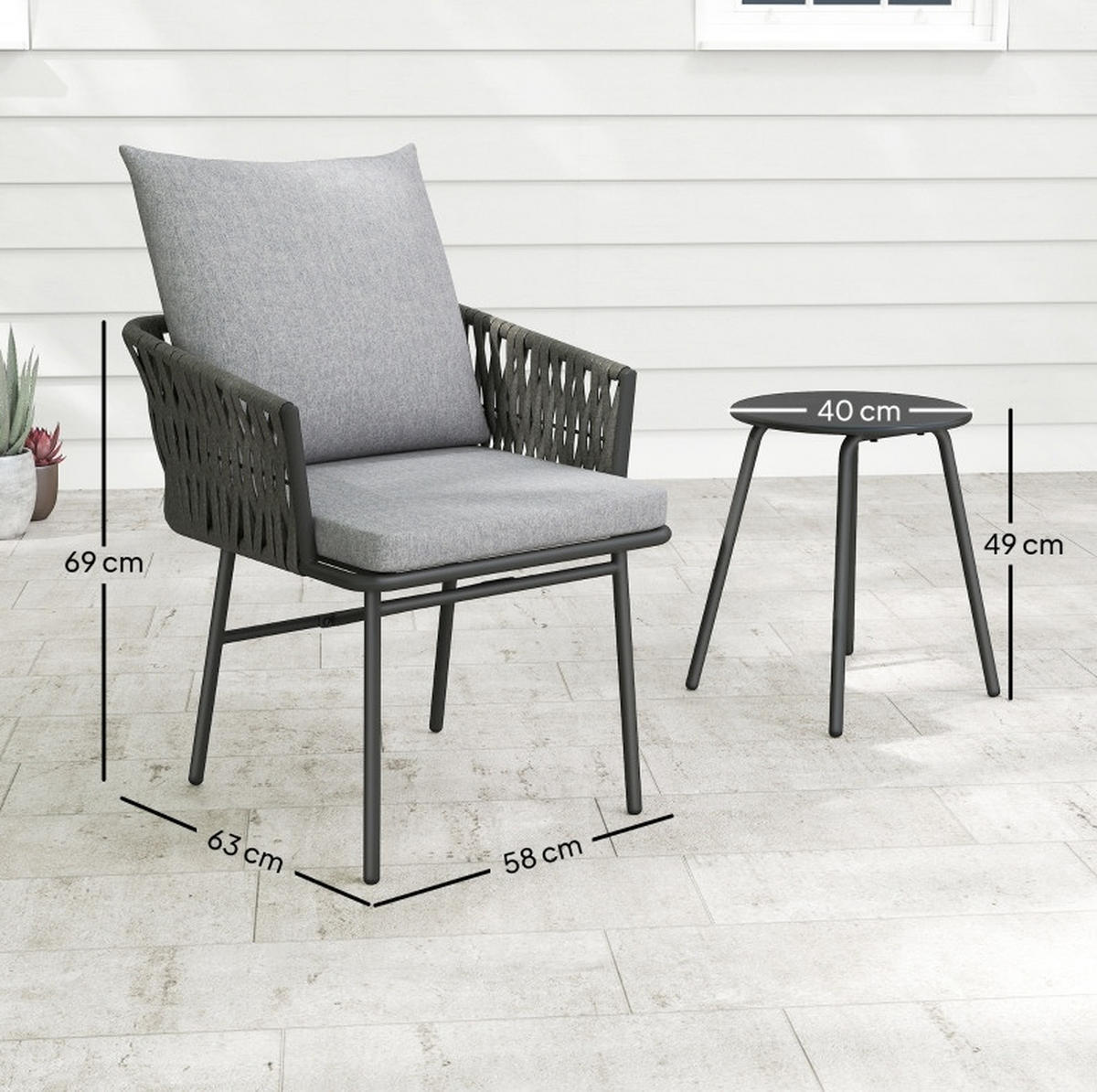 BISTRO set 58/63/69 cm šedý z oceli s polštáři a stolkem - šedá, kov - OKWISH