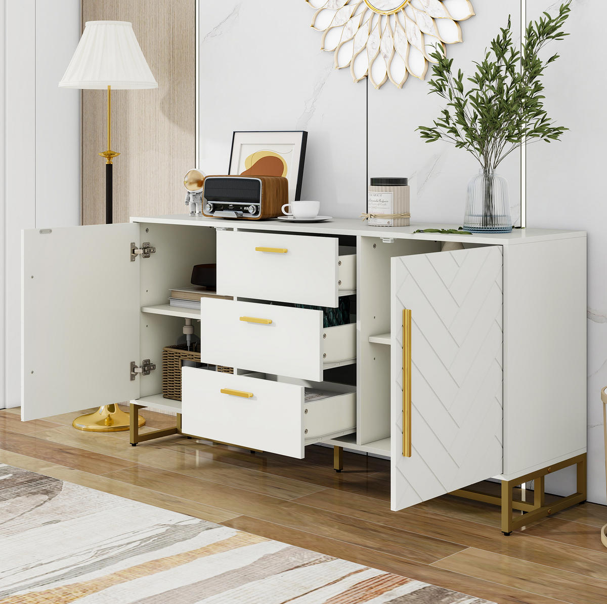 SIDEBOARD mit 2 Türen und 3 Schubladen in Weiß – modernes Design mit Fischgrätenmuster - Weiß, Holzwerkstoff (145/75/40cm) - BEAOK