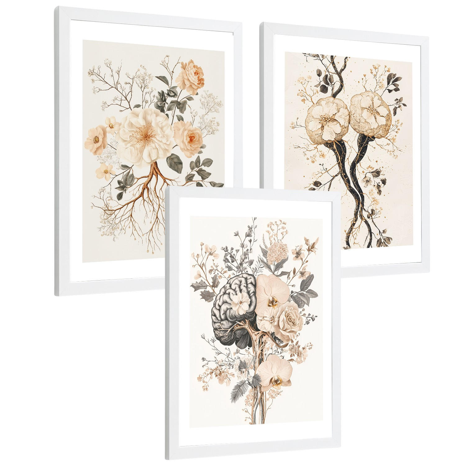 POSTER Set aus 3 Neuronale Anatomie Drucke und Wandbilder mit Neuronen Synapsen und Gehirn Minimalistischer Floraler Stil Größe Weißer Rahmen A3 - Weiß, Papier (29.7/42/3cm) - Nacnic