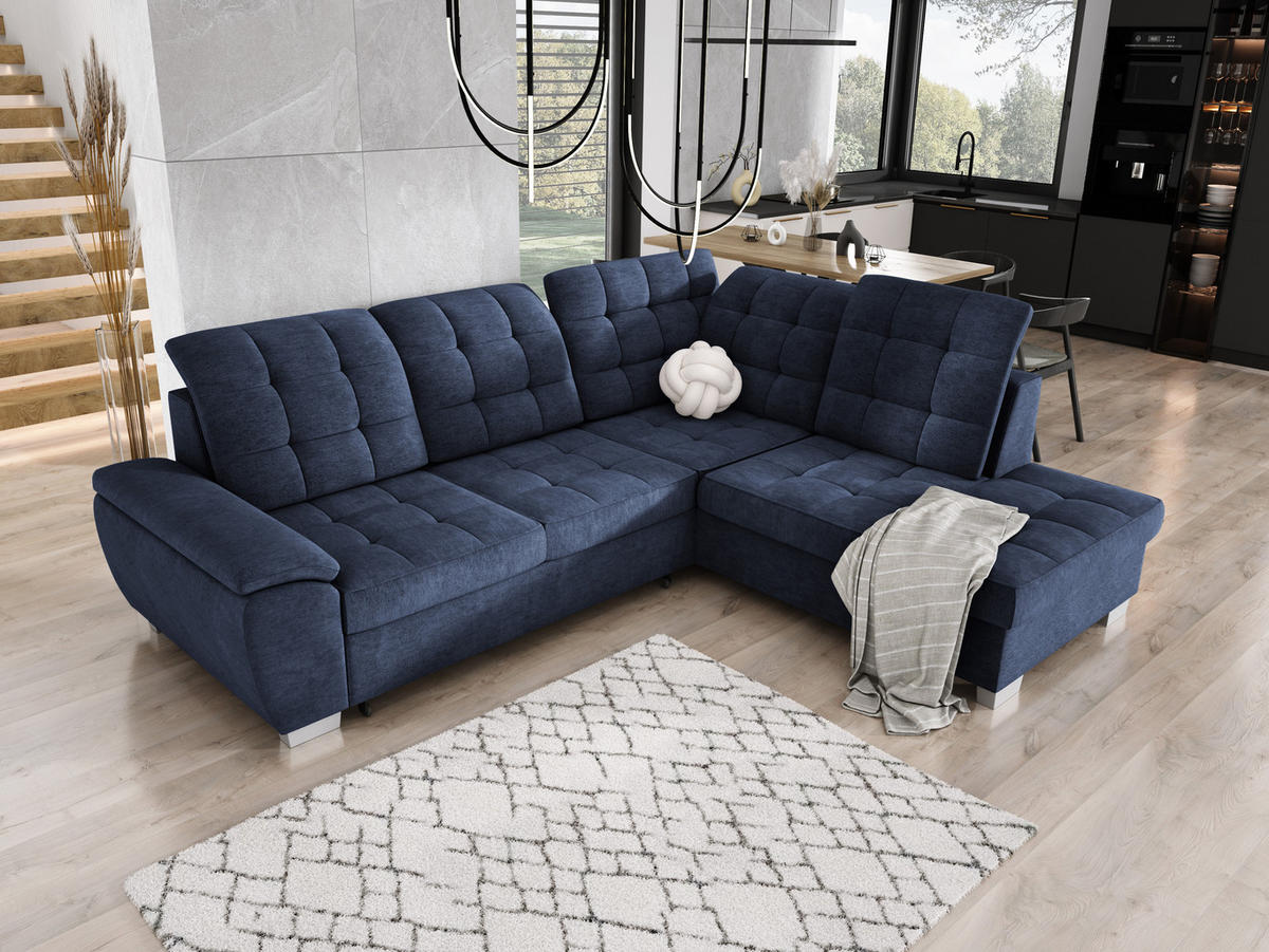 ECKSOFA LOTTA L-förmig Bettkasten verstellbare Kopfstützen hochwertige Verarbeitung lose Rückenkissen freistehend RECHTS 258x212x106 cm Blue - Blau, Holz/Textil (258/212cm) - DomoHome