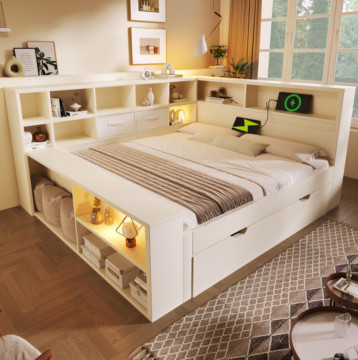 STAURAUMBETT aus Kiefernholz und Spanplatte 140x200 cm Weiß mit Ausziehbett, 8 Staufächern und USB-/Type-C-Anschlüssen - Weiß, Holz (140/200cm) - IVMEU