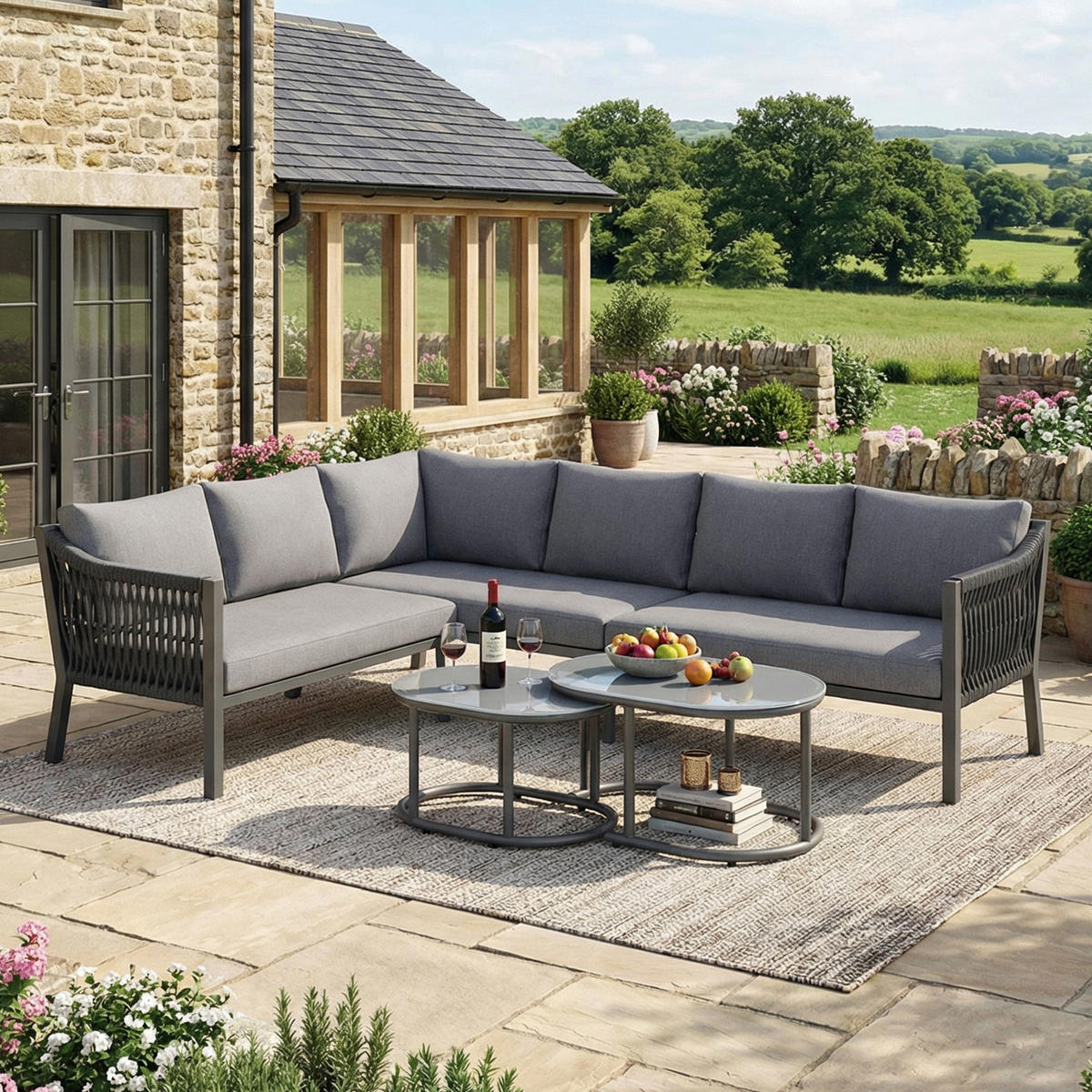 DINING-LOUNGESET Grau L-Shaped für 6 Personen - Grau, Textil - Kaket