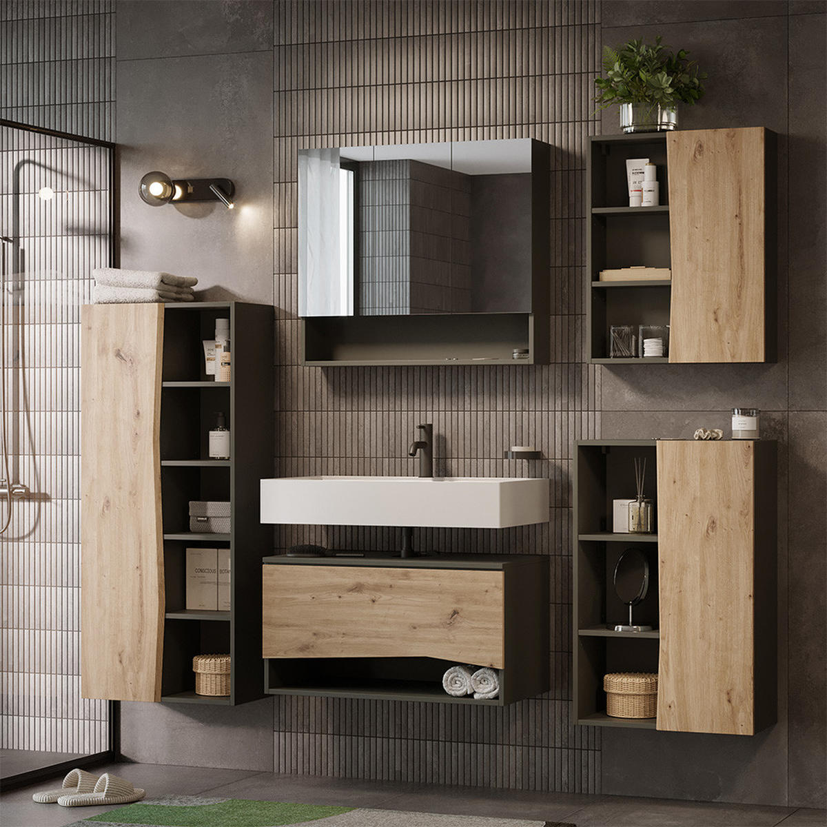 BADMÖBEL-SET Willow Artisan 5 Teile - Anthrazit/Hellgrau, Holzwerkstoff (80/42.8/43cm) - Vicco