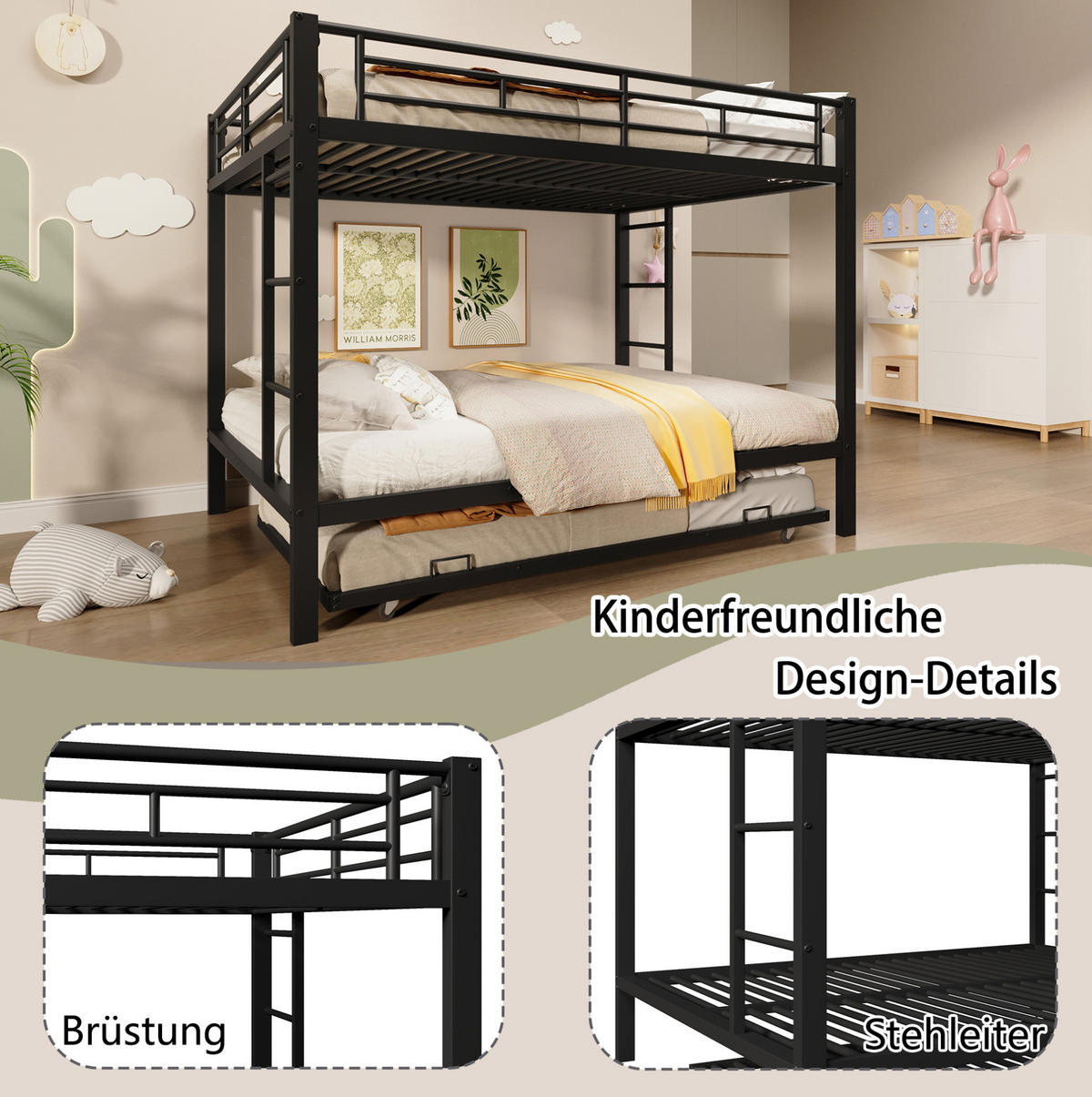 ETAGENBETT 140/200 cm aus Metall in Schwarz mit Ausziehbett und hohen Gittern - Schwarz, Metall (140/200cm) - OKMYHOME