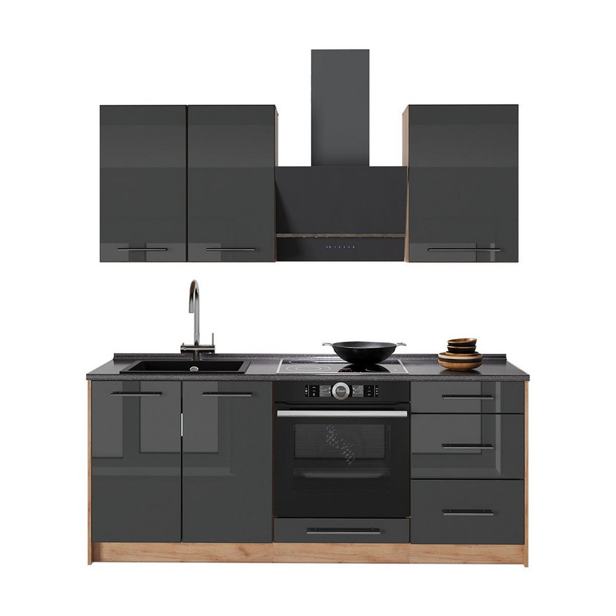ENKELKÖK Fame-Line, Antracit högblank/Goldkraft ek, 190 cm, AP Oak - Honungsek/Svart högglans, Träbaserade material (190/206.8/60cm) - Vicco