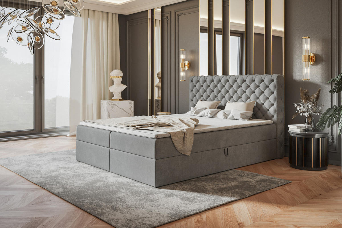 BOXBETT MIAMI mit 2 Bettkästen, 120x200, Farbe: Grau, Velourstoff, Doppelbett mit Bonell-Matratze - Grau, Holz/Kunststoff (120/200cm) - Alpi-Möbel