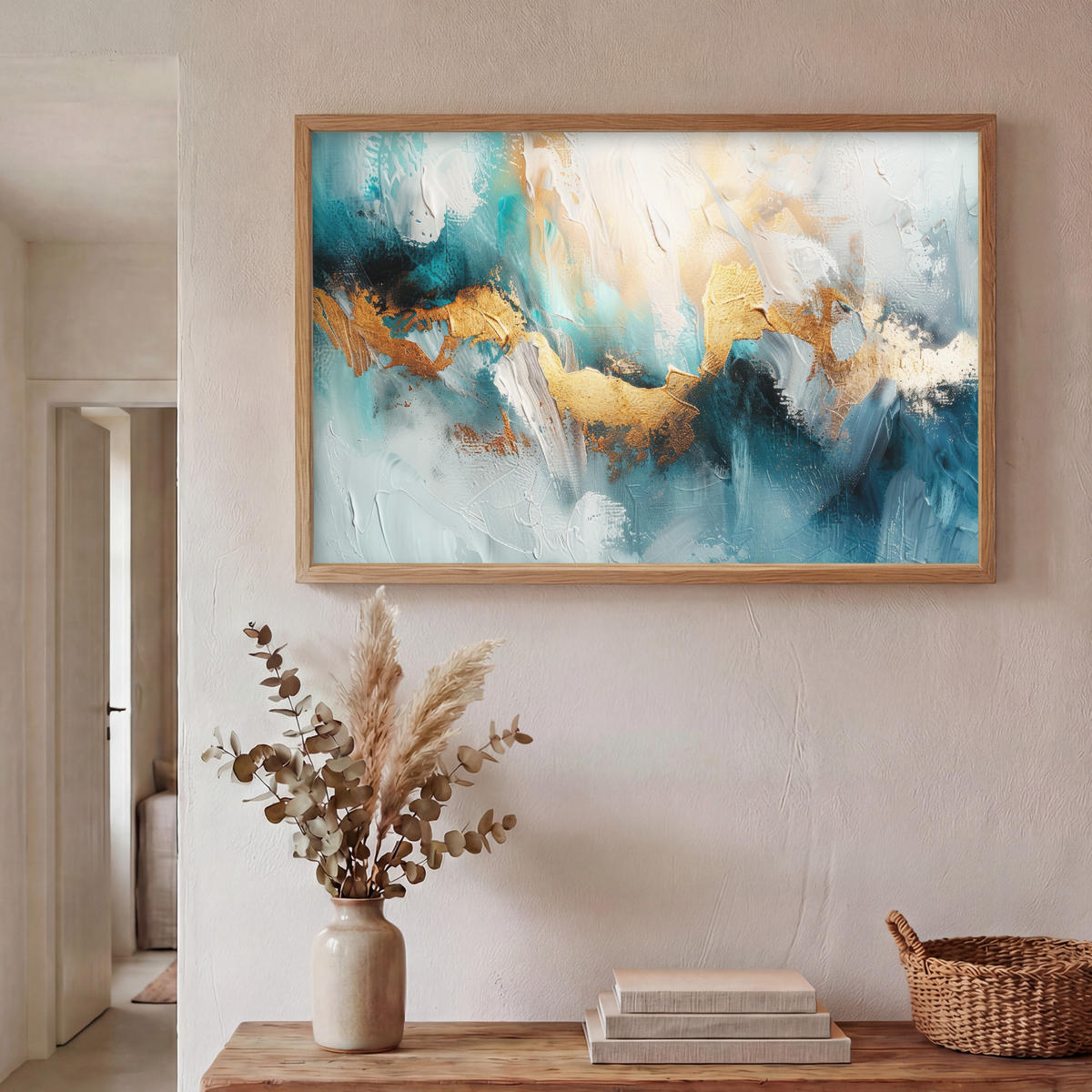 NÁSTĚNNÁ LAMPA S AKUMULÁTOREM Abstraktní - umění - zlatá - modrá 100x70 cm - tyrkysová, kompozitní dřevo (100/70/8cm) - OnlyWow